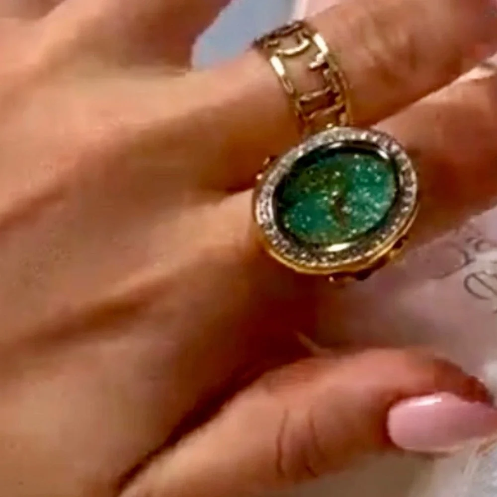 Invicta Angel 49602 Women Gold Tone Green Glitter Dial Crystal Oval Ring Watch